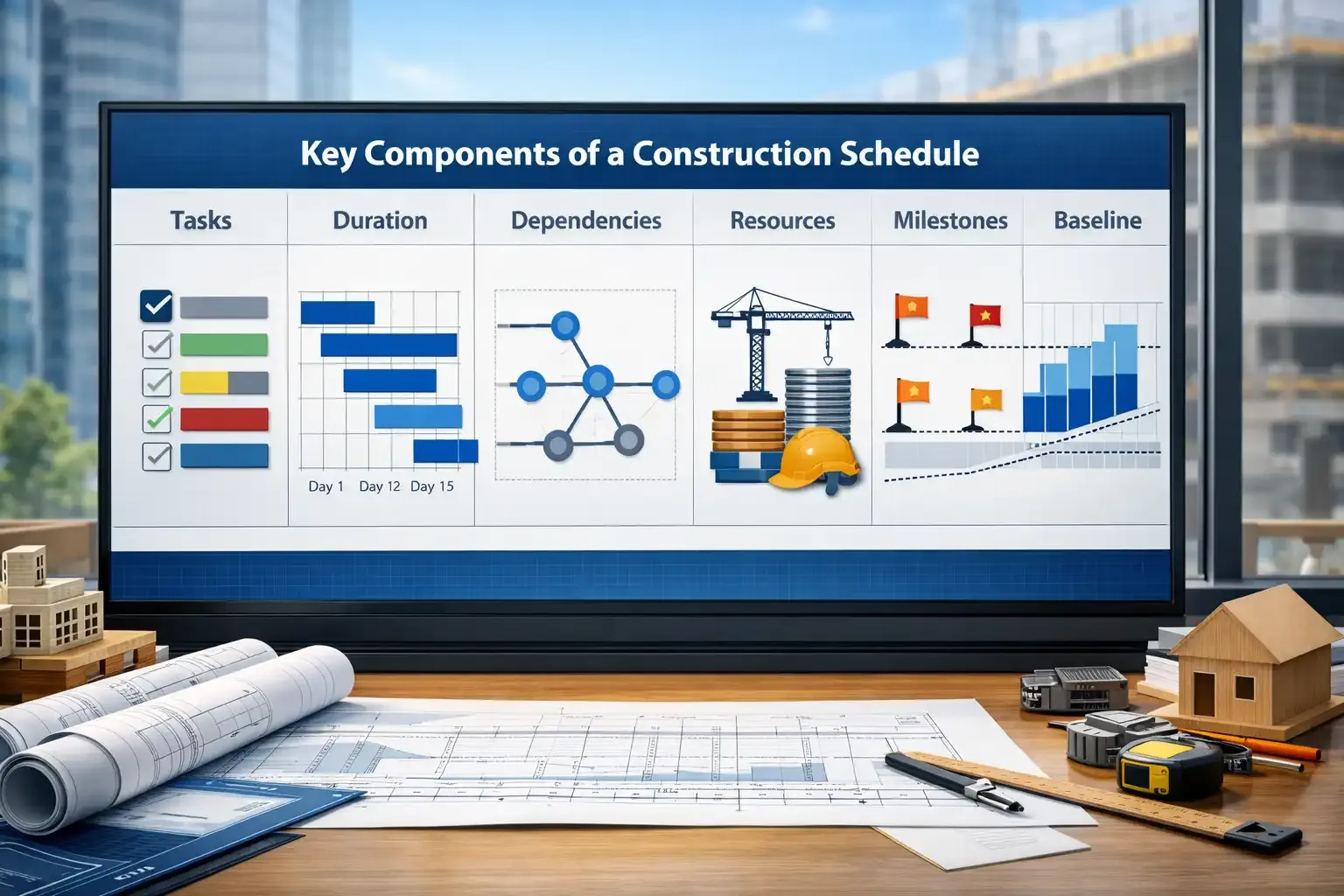 Construction schedule dashboard showing tasks, timeline, and resources